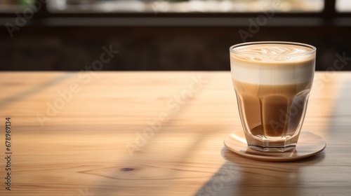 hot, fresh coffee in a cozy, sunny latte coffee put on table in cafe restaurant, drink breakfast in the morning milk latte with coffee foam in glass mug with ingredients free copy space