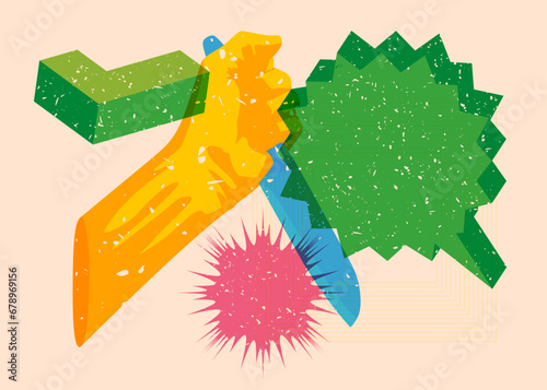 Risograph Kitchen Knife in hand with speech bubble and geometric shapes. Scary murderer object in trendy riso graph print texture style design with geometry elements.