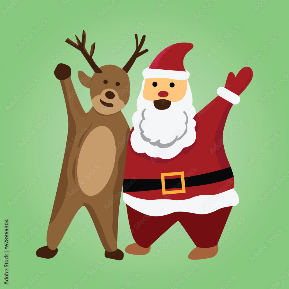vector illustration character santa cleus with reindeer, merry christmas