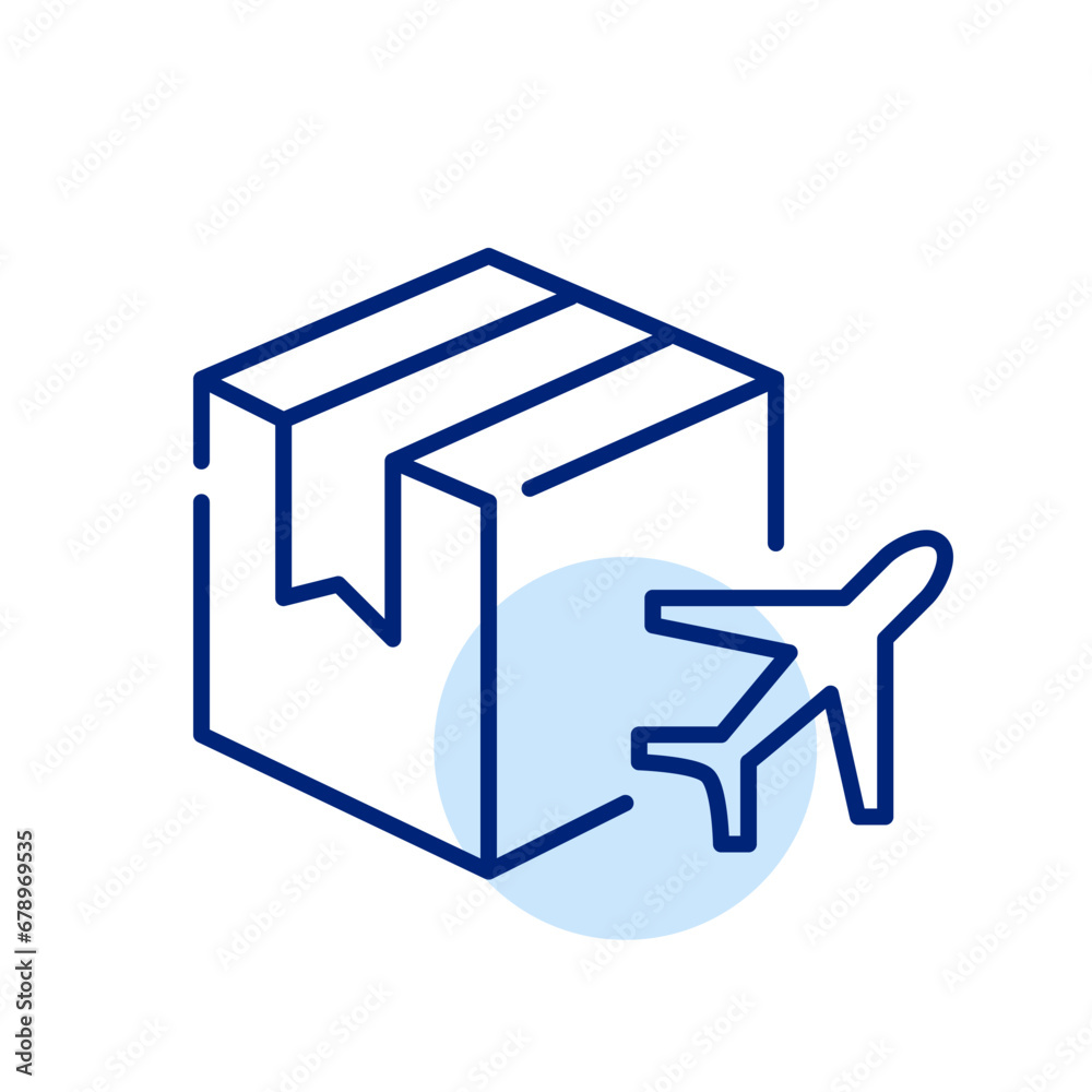 Global parcel delivery. Cardboard box and plane. Pixel perfect, editable stroke icon Global parcel delivery. Cardboard box and plane. Pixel perfect, editable stroke icon