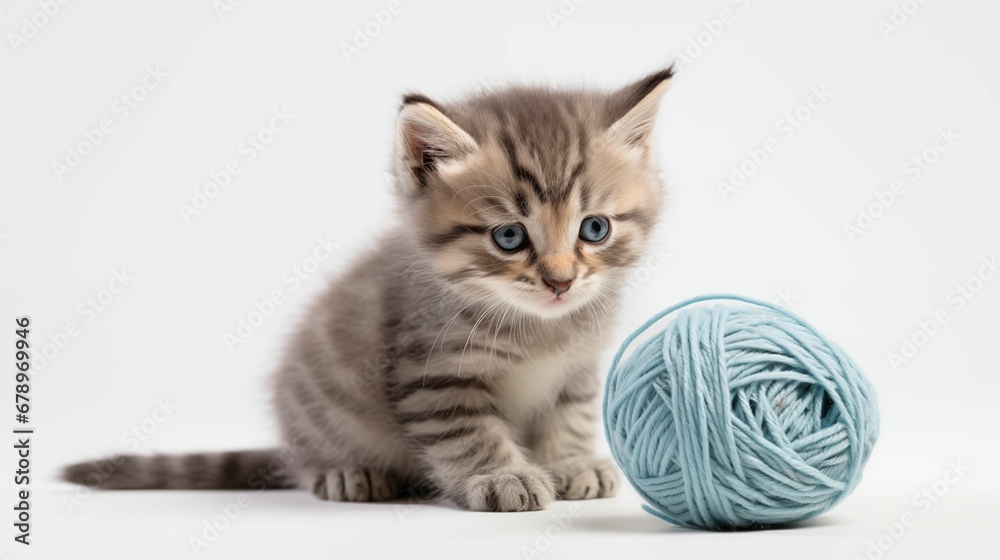 Image of a small kitten with a ball of yarn.