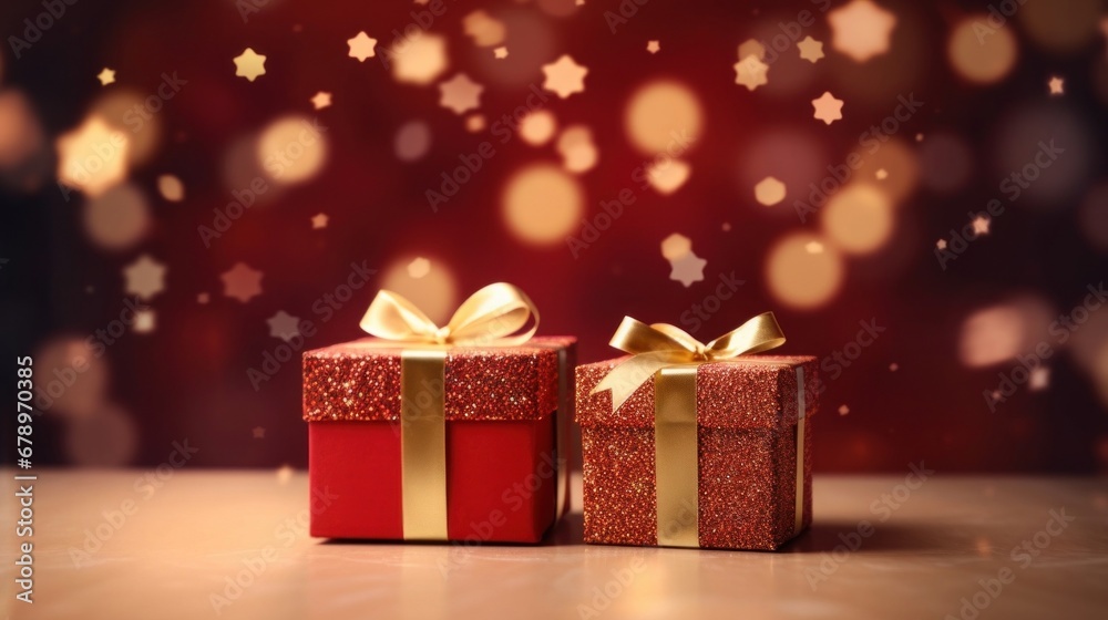 Golden gift presents on a light dark red background with colorful bokeh and stars glittering Golden gift presents on a light dark red background with colorful bokeh and stars glittering