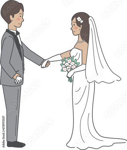 結婚式イラスト、向かい合って手を取る新郎新婦