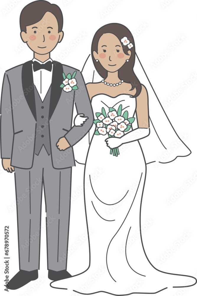 結婚式イラスト、腕を組んで正面を向く新郎新婦 結婚式イラスト、腕を組んで正面を向く新郎新婦