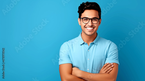 MAN WITH GLASSES ON A BLUE BACKGROUND. legal AI