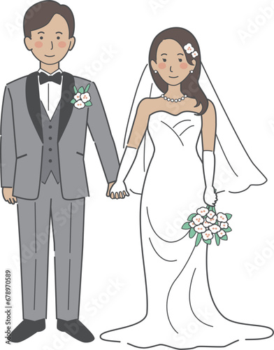結婚式イラスト、手をつなぐ新郎新婦