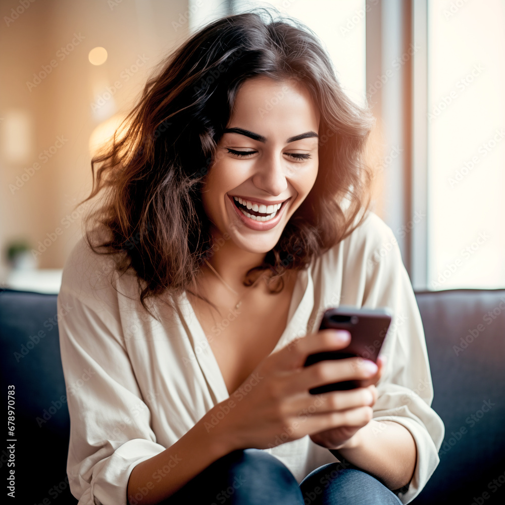 LAUGHING YOUNG WOMAN WITH SMARTPHONE. legal AI LAUGHING YOUNG WOMAN WITH SMARTPHONE. legal AI