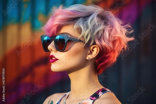 Vibrant Woman with Pink Hair and Stylish Sunglasses Generative AI