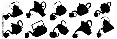 Teacup and Teapot pouring collection. Hand drawn cartoon vintage kitchen tools set. Retro coffee, tea pot and cup pour, kettle ceramic. Householding elements. Silhouette vector illustration isolated