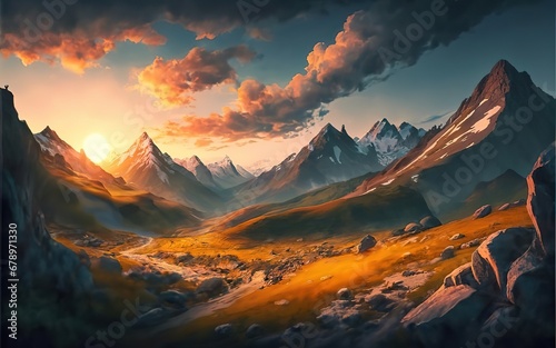 3D rendering of a serene mountain landscape bathed in the warm hues of a sunset
