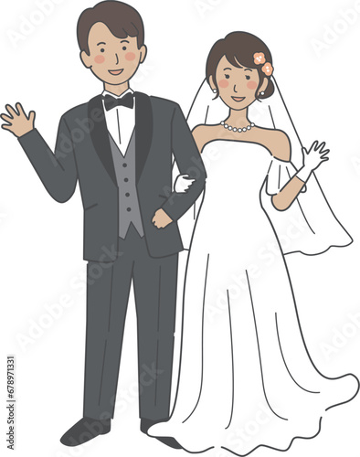結婚式イラスト、手を挙げる新郎新婦