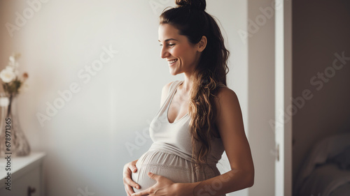 Mom to be's prenatal skincare routine Woman applying belly balm for a happy pregnancy photo