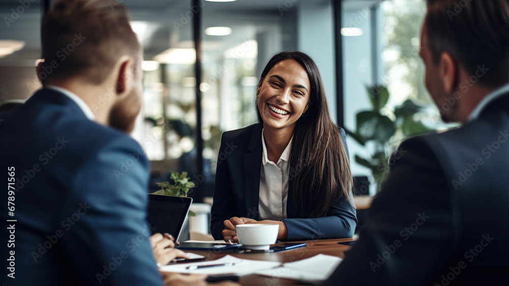 Smiling businesspeople having a discussion in an office Smiling businesspeople having a discussion in an office