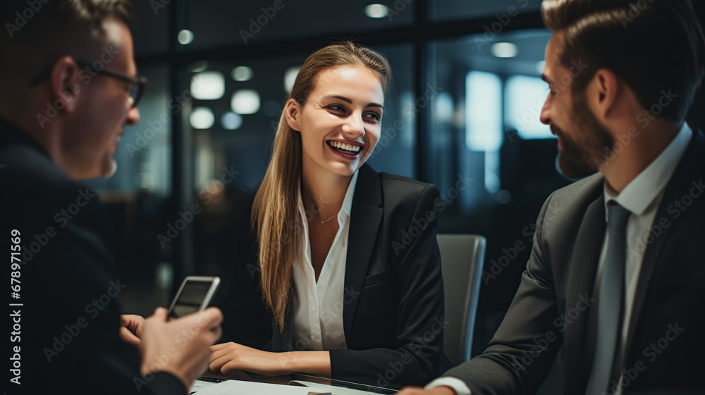 Smiling businesspeople having a discussion in an office Smiling businesspeople having a discussion in an office