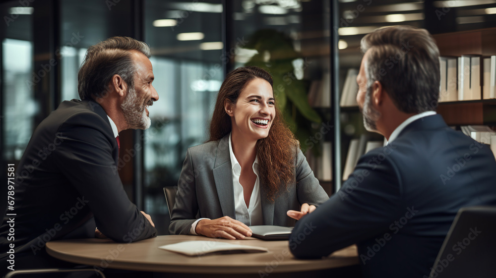 Smiling businesspeople having a discussion in an office Smiling businesspeople having a discussion in an office