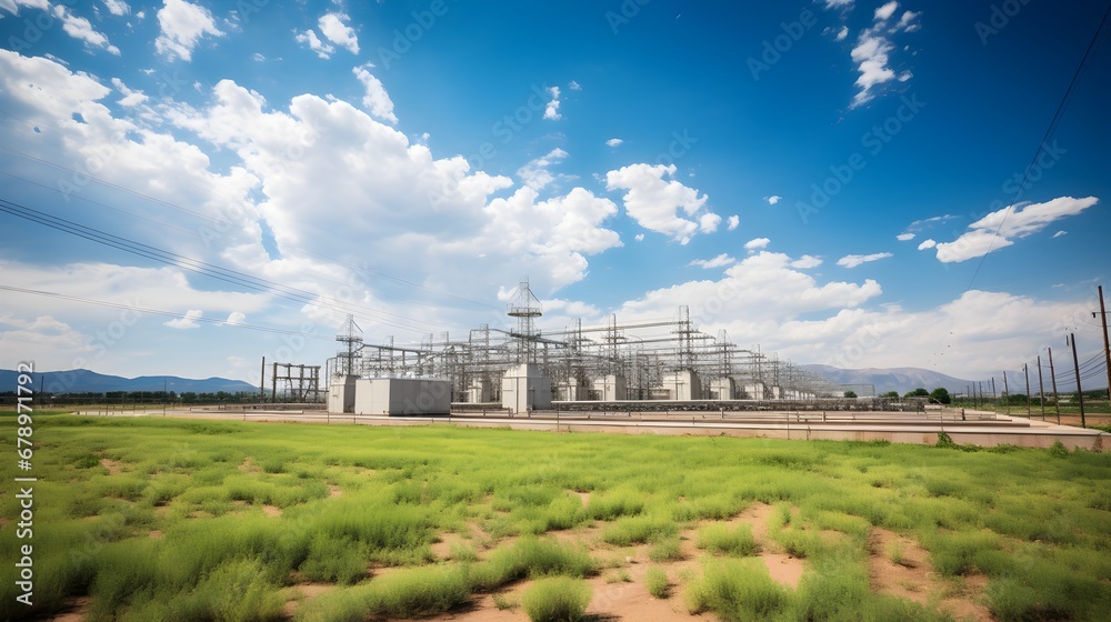 Power substation panorama, wide-angle shot capturing the vastness of an electrical substation against a backdrop of open skies, showcasing the magnitude of electrical infrastructure.