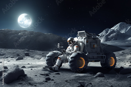 Astronaut driving car in space. Futuristic science research exploration transportation, Astronaut driving car on the moon