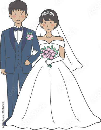 結婚式イラスト、腕を組んで正面を向く新郎新婦