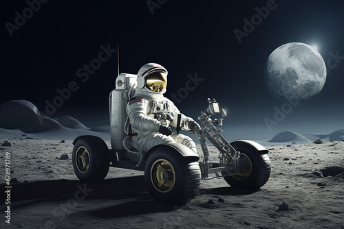 Astronaut driving car in space. Futuristic science research exploration transportation, Astronaut driving car on the moon