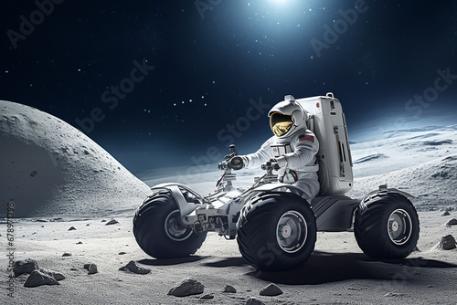 Astronaut driving car in space. Futuristic science research exploration transportation, Astronaut driving car on the moon