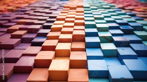 Shot of arranged rows of colorful bricks stacked for construction.