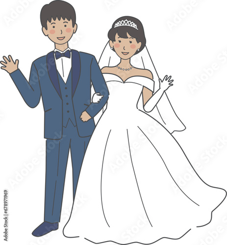 結婚式イラスト、手を挙げる新郎新婦