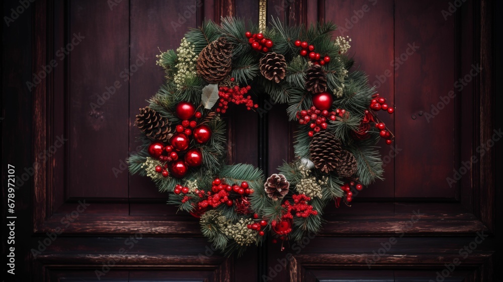 Image of a Christmas wreath adorning a door. Image of a Christmas wreath adorning a door.