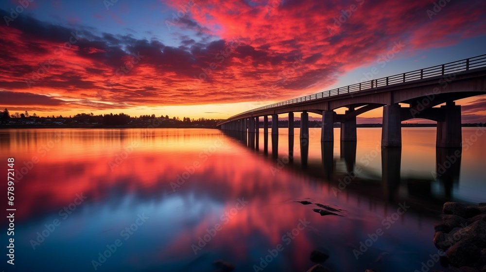 Image of a bridge over water during a serene sunset.