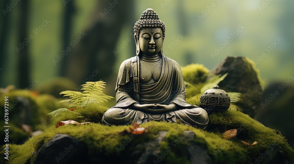 A buddha statue sits on a green moss.
