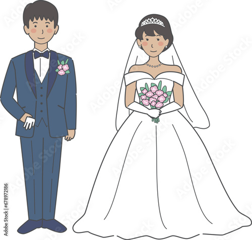 結婚式イラスト、正面を向いて並ぶ新郎新婦