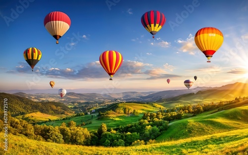 Beautiful panoramic view on rural mountains under summer sky decorated with colorful hot air balloons © Lifetime Design