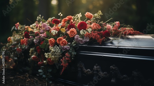 Flowers and coffin at funeral.