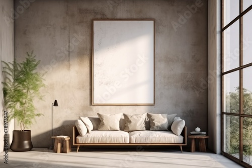 Living room of a minimalist house with a natural and rustic cement wall.