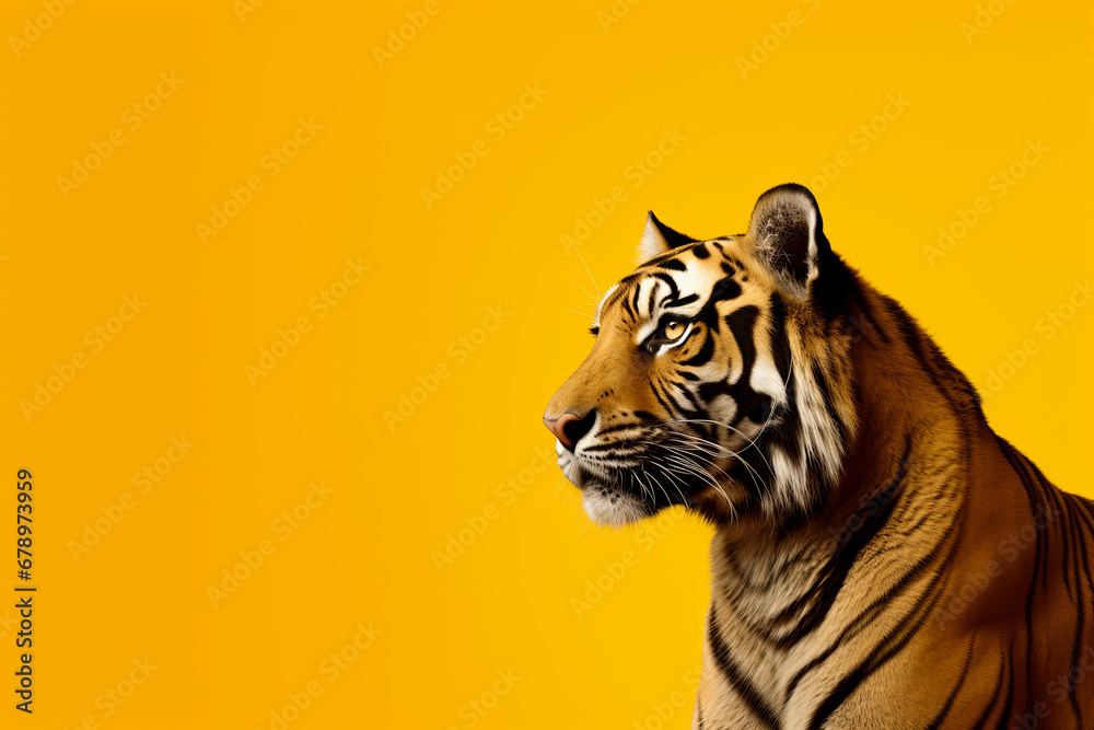 A tiger on a yellow and orange background, showcasing minimal retouching, back button focus, and a stylish, clean, minimalistic approach. A tiger on a yellow and orange background, showcasing minimal retouching, back button focus, and a stylish, clean, minimalistic approach.