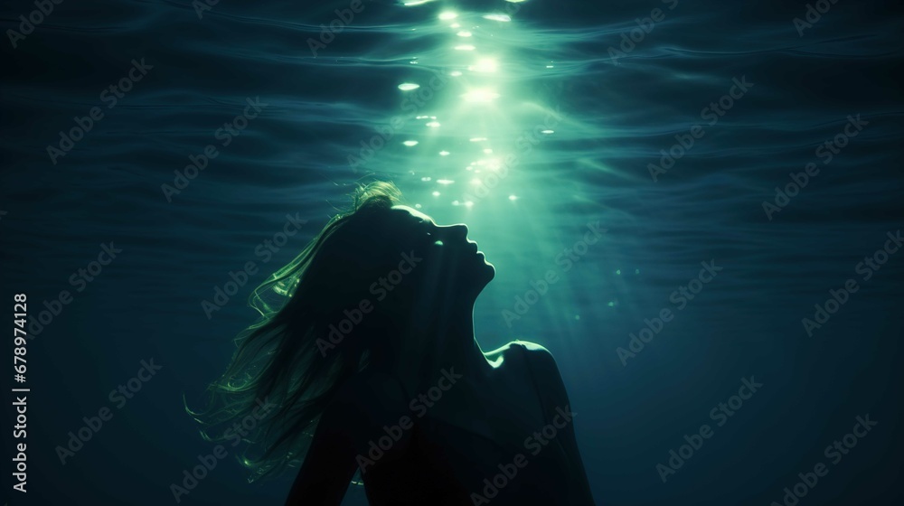 The image shows an underwater scene illuminated by rays of sunlight piercing through the water's surface. A female figure with flowing hair is the central focus. She seems to be floating with her head