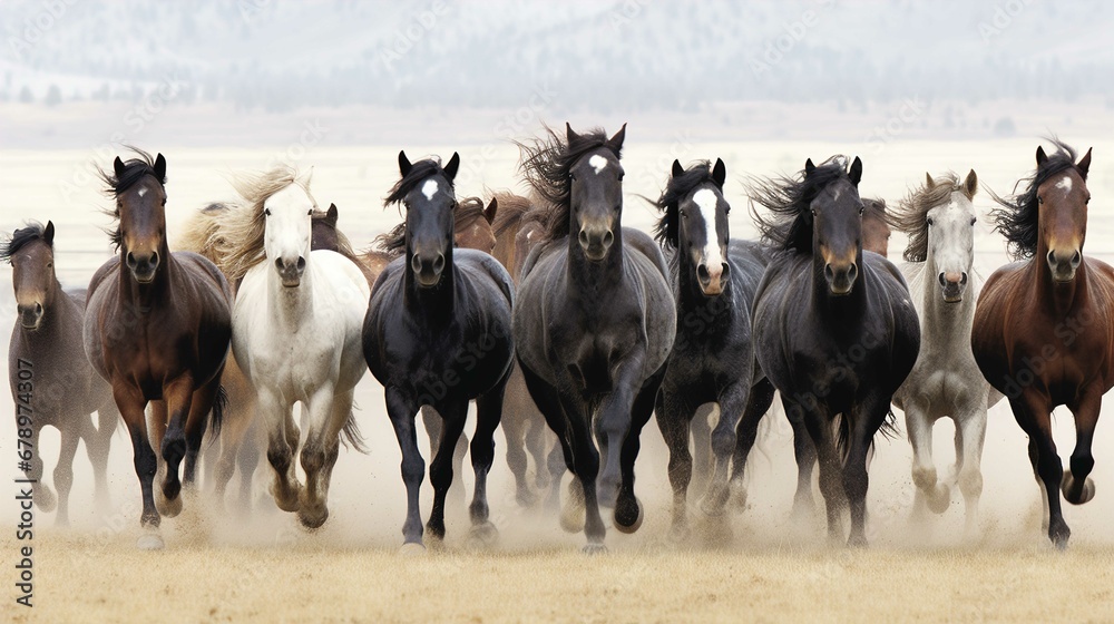 The image is a stunning capture of a group of horses running towards the camera. There seems to be eleven horses of different colors including black, dark brown, tan, and white. They are galloping pow - obrazy, fototapety, plakaty 