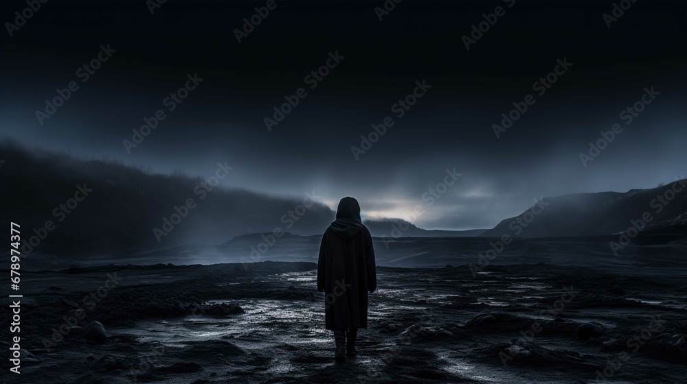 The image features a solitary figure standing in a desolate, dark landscape. The figure is seen from behind, wearing a long cloak with a hood, gazing towards the horizon where the last light of day is