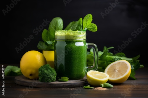 A vibrant green detox smoothie in a tall glass, garnished with fresh mint leaves, surrounded by its raw ingredients like spinach, cucumber, apple, and lemon on a rustic wooden table