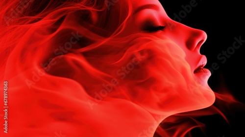 The image showcases a side profile of a person submerged in a vibrant red-colored ambiance that resembles flowing liquid or smoke. The person's features are gracefully defined with a serene expression