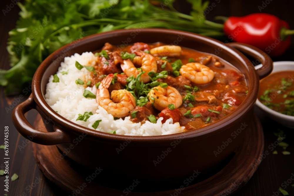 A hearty bowl of traditional Louisiana gumbo, filled with succulent shrimp, juicy chicken, spicy andouille sausage, served over a bed of fluffy white rice, garnished with fresh parsley