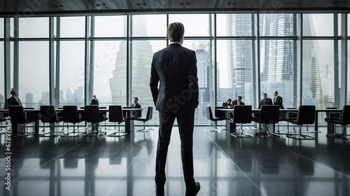 The image showcases a modern corporate boardroom with a large window-wall offering a view of a dense city skyline filled with skyscrapers. In the foreground, we see a man from the back, dressed in a d