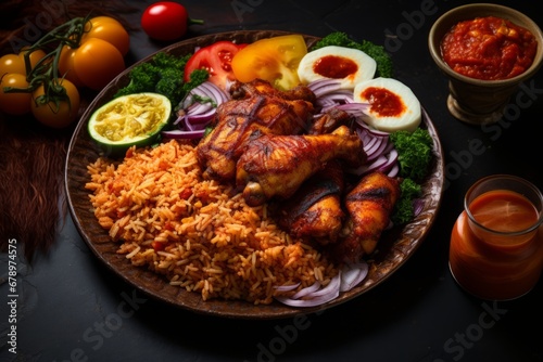 A vibrant and colorful plate of traditional West African Jollof rice, garnished with fresh vegetables and served alongside succulent grilled chicken, inviting a feast for the senses
