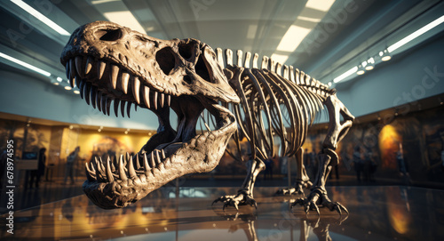 A Tyrannosaurus rex skeleton on display in a museum. © visoot