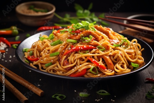 A mouthwatering photo of a traditional Lo Mein dish served in a ceramic bowl, garnished with fresh spring onions and sesame seeds, with chopsticks resting on the side