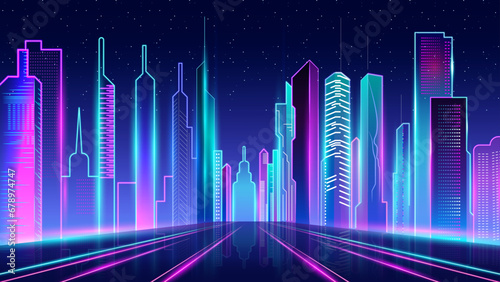 neon cityscape with futuristic city, cartoon vector illustration, game background © avn99projects