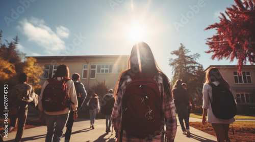 Diverse, students and group of teenagers walking towards school, campus or university for learning and education. Students and friends walking together in summer or sunny day photo