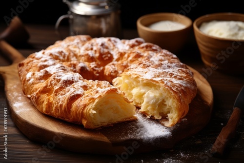 A traditional Russian pastry, Vatrushka, made with a golden, flaky crust and filled with sweet, creamy quark cheese, garnished with a sprinkle of powdered sugar and served on a rustic wooden table