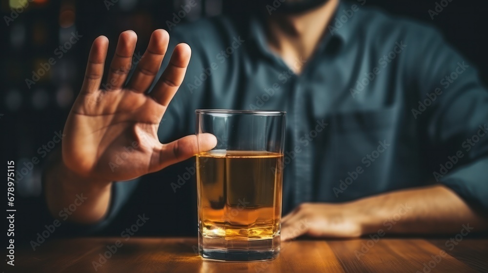 man smile and refuses say no and avoid to drink an alcohol whiskey , stopping hand sign male, alcoholism treatment, alcohol addiction, quit booze, Stop Drinking Alcohol. Refuse Glass liquor - obrazy, fototapety, plakaty 