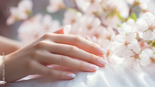 Woman show beautiful nail after receive care service by professional Beautician Manicure at spa centre. Nail beauty salon use nail file for Glazing treatment. manicurist make nail to beautiful. photo