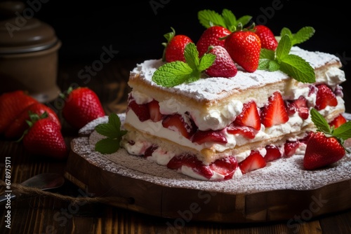 A decadent homemade strawberry cake, adorned with fresh strawberries and a dusting of powdered sugar, set against a rustic wooden backdrop for a perfect summer dessert